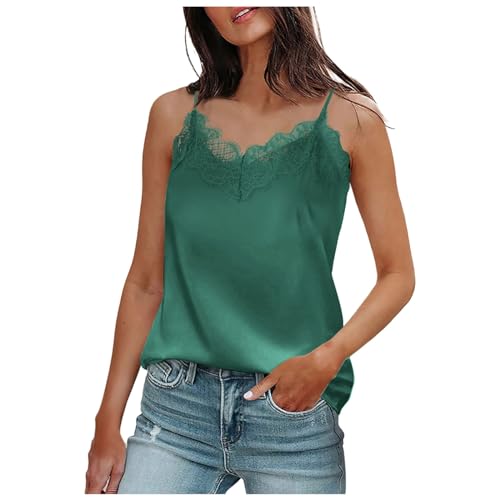 Generisch Haut d'été pour femme avec col en V en satin de soie sans manches - Haut à bretelles Camisole avec dentelle, vert, XXL