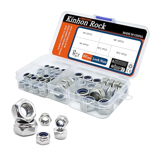Kinhon Rock 60pcs Metric Nylon Insert Lock Nuts Assortment Set DIN 985 304 Stainless Steel Nylon Locknuts Hex Locknuts Kit with Box M5 to M12 Reusable Anti-Loose Corrosion-Resistant for RC Car DIY