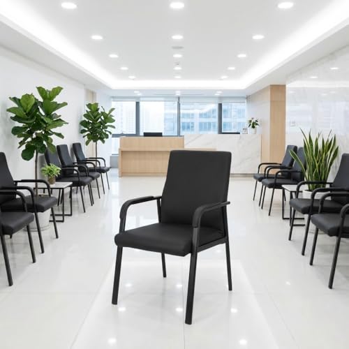 Image of Leather Office Guest Chair, Guest Conference Room Chair, 600 LBS Capacity High Back Reception Chair with Padded Armrests, No Wheels, Black - 10 Pack