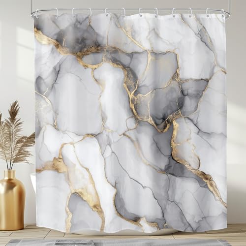 Mitpok Grey Gold Marble Abstract Ombre Golden Bathroom Shower Curtain Set
