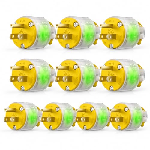 10 Packs Lighted Extension Cord Ends Replacement Plug 15A 125V NEMA 5-15P, Electrical Plugs 3 Prong,Lighted Plug Male Extension Cord Ends, 15 Amp Plug, UL Listed,Yellow