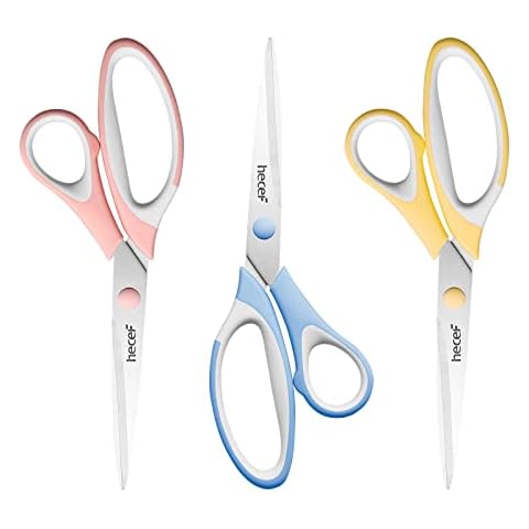 hecef 8” Multipurpose Scissors Pack of 3, Soft Grip Handles Sturdy Sharp Scissors for Office, School, Home, Art Craft & DIY Cover