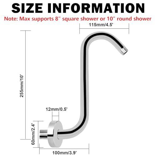 Image of NearMoon S Shaped Shower Head Riser Arm, Shower Extender Arm with Flange, Standard 1 /2 inch Connection- Bathroom Accessory (10 Inch, Chrome)