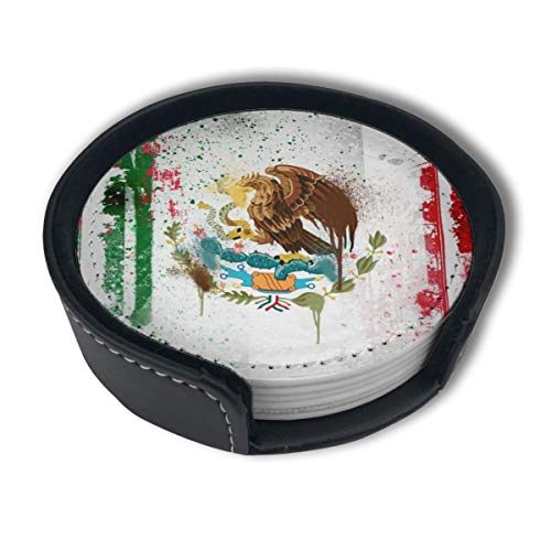 sous-Verres en Cuir PU de qualité supérieure avec Drapeau du Mexique, sous-Verres Ronds avec Ensembles de Supports, adaptés à la Maison et à la Cuisine (6 pièces)