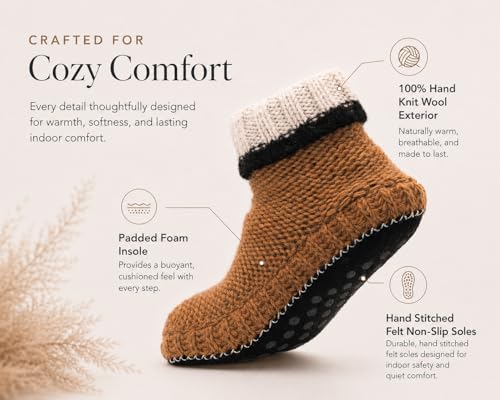 Image of Tibetan Socks Wool Hand Knit Fleece Lined Mid Bootie Slipper Sock Non Slip Sole