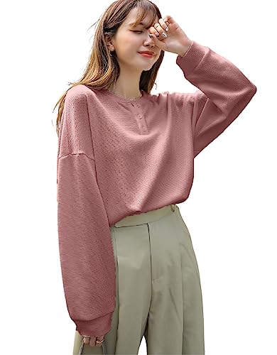 Image of Women's Waffle Button Down Neck Korean Tops for Women || Oversized t Shirts for Women || Long Sleeve Tops