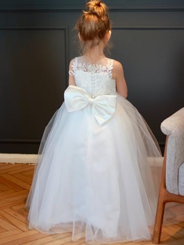 Lace Applique Flower Girl Dress for Wedding Kids Puffy Tulle Long Pageant Dress Bowknot Princess Prom Ball Gowns4