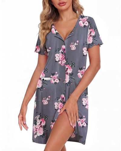 Image of ZOOSIXX Nightgowns for Women - Short Sleeve Sleepwear Button Up Pajamas for Women V-Neck Sleepwear Dress with Pockets