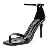 GENSHUO Women's Heeled Sandals Dressy Strappy Stiletto High Heels 3 Inch Square Open Toe Ankle Strap Buckle Sexy Prom Wedding Dress Shoes Ankle Wrap Patent Black Size 9