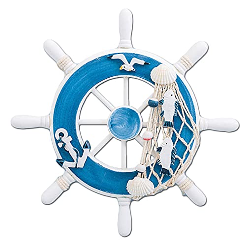Hosh Timón Decorativo para Barco, con Decoración de Ancla y Volante de Madera, Timón para Barco de Pared, para Decoración de Paredes (Blanco)