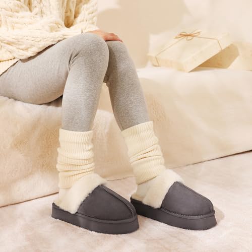 Image of Litfun Women's Fuzzy Memory Foam Slippers Fluffy Winter House Shoes Indoor and Outdoor, Platform Grey 6