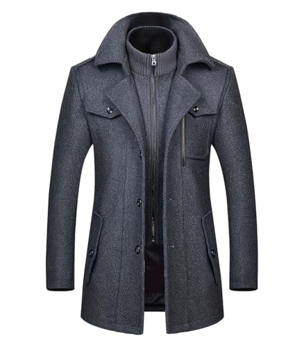 Image of FTIMILD Mens Wool Blend Coat with Detachable Collar Two Collar Single Breasted Pea Coat Business Trench Coat