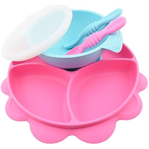 Yummy Baby Toddler Weaning Silicone Suction Divided Plate Bowl with Lid & Matching Spoon Set -Kids Placemat Stay Put Non Slip Feeding Dish BPA Free (Pink and Blue) Cover
