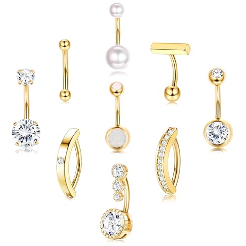 Morfetto 9Piezas Piercings Ombligo Acero Quirúrgico,14G Piercing Ombligo para Mujeres,Piercing Ombligo Oro/Plata,CZ Perla Clicker Ombligo Piercing Oro 12mm
