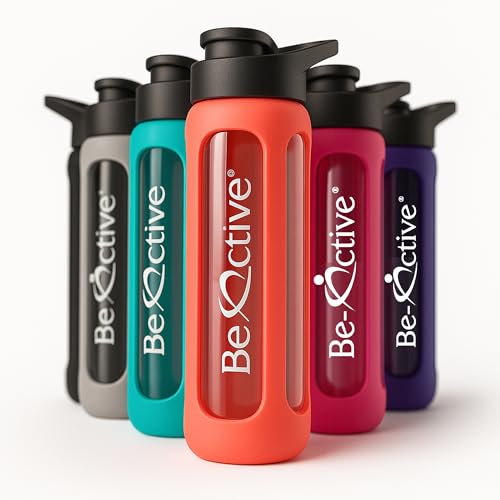 Be-Active Glass Water Bottle 700ml Flip Top with Times to Drink | Borosilicate Glass | Motivational bottles | BPA Free | Eco Friendly (Black)