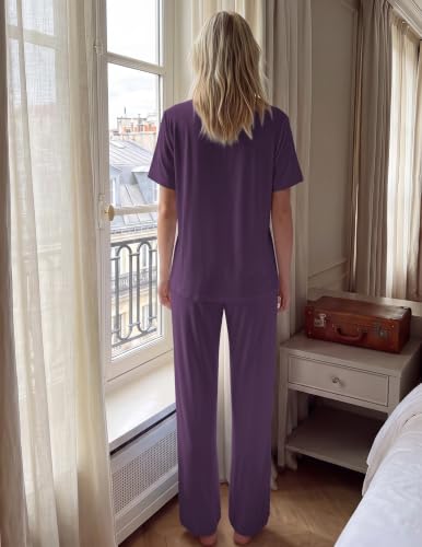 Image of HNG Women Pajamas Set 2 Piece Button Up Pajamas Pant and Short Sleeve Shirt for Woman Pj Sets with Pocket