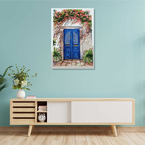 Image of RANGOLI 100% Cotton Stretched Canvas Painting 400 GSM, Framed Modern Art Blue Door Canvas Abstract Wall Art for Living Room, 3D Paintings for Wall Decor (12 x 18 Inch With Frame)