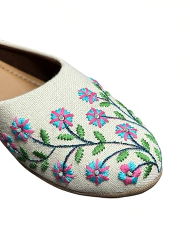 Image of OPIVE's Mehandi Women's Mojari Jutti Ethnic Punjabi Juttis Traditional Flat Embroidered Canvas Fancy Bellies Comfortable Sole for Womens & Girls