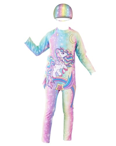 Image of Girls Swimsuits Long Sleeve Rash Guard Swimwear with Matching Cap One-Piece Bathing Suits 2-10 Years