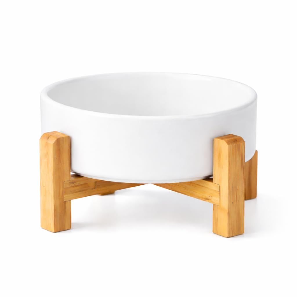 PWRco Elevated Dog and Cat Bowls 6 Inch Raised Eco-Friendly Ceramic Pet Bowls with Stand Anti Vomiting Non-Slip Food Water Bowl Set Dishwasher Safe Dish for Small Medium Dogs & Cats (SINGLE-WHITE (M))