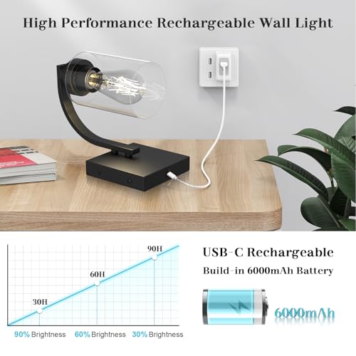Image of Battery Operated Wall Sconce Set of 2 with Remote Control, Rechargeable Wireless Led Glass Wall Lamp Indoor, Cordless Wall Light Fixtures Wall Mount for Bedroom Bathroom Hallway Farmhouse, Black