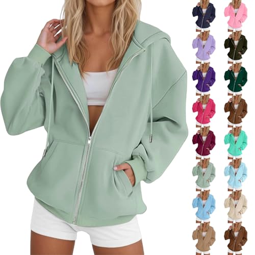 Image of Zip Up Hoodies For Women Uk Oversized,Solid Color Womens Hoodies Zipped,Soft Comfortable Casual Full Zip Hooded Sweatshirt,Ladies Hoody Jacket With Pockets Drawstring,Womens Hoodie Light Green