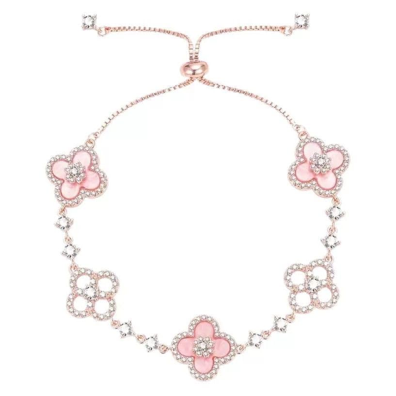Crystal Floral Adjustable Bracelet, Rose Gold Plated, Pink Cherry Blossom Design with Rhinestones, Sliding Clasp