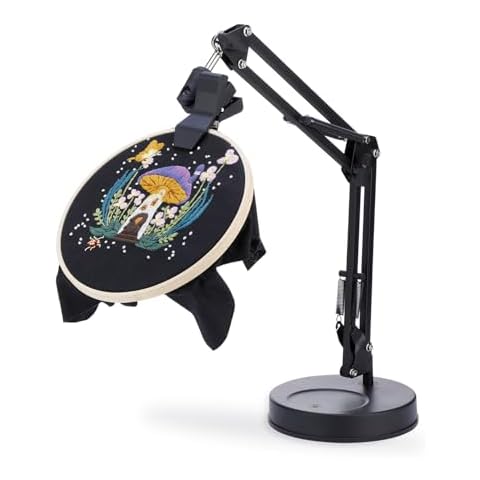 BERYA Embroidery Hoop Stand, Adjustable Embroidery Hoop Holder, Folding Metal Embroidery Stand, 360 Rotated Cross Stitch Stand Suitable for Embroidery Hoops, Phone Holder Black Cover