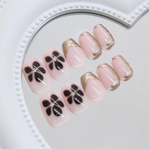 Image of Short Square Press on Nails Flower Fake Nails Gold Chrome Glue on Nails Glossy Full Cover Stick on Nail Reusable Artificial Acrylic French Tip False Nail for Women Girls Manicure 24Pcs