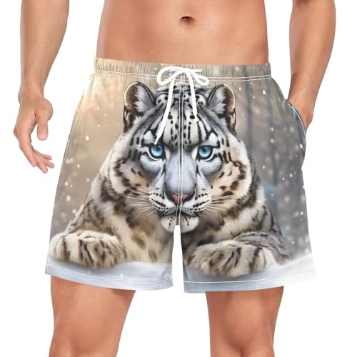 Men's Swim Trunks Snow Lepoard Forest, Quick Dry Beach Board Shorts with Liner, Swimwear Bathing Suits S