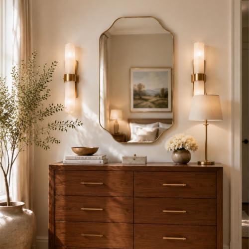 Image of TEHOME Scalloped Gold Bathroom Mirror Decorative Brushed Brass Metal Framed Irregular Bathroom Vanity Mirror 24x36''