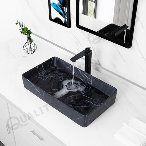 Image of QUALITO Designer Table Top Wash Basin for Bathroom, Living Room, Hall, Dinning Room | Big Size Ceramic Vessel Sink /Basin | Matt Finish Marble Vanity Basin (24x14x5 Inch, Livon)
