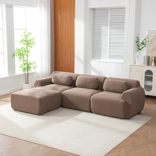 Kuczn Sofá de compresión modular, sofá esquinero con función de dormir, Boneless de espuma de alta densidad 32D, asiento profundo de chenilla suave, color marrón