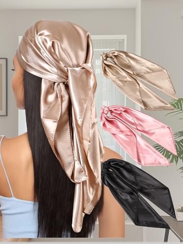 3Pcs Square Satin Head Scarves Silk Bandanas for Women -35” Large Square Satin Head Scarf