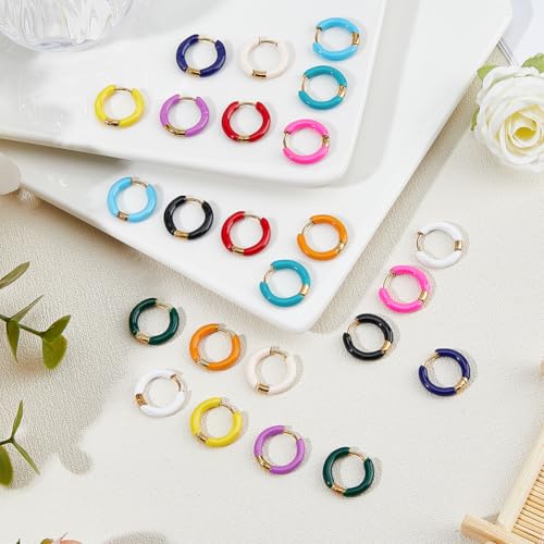DICOSMETIC 24Pcs 12 Colors Colorful Enamel Hoop Earrings Golden Huggie Hoop Earrings 12mm Small Cute Statement Earrings Stainless Steel Earrings Set Fashion Jewelry for Women4