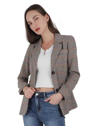 Women's Fashion Notched Lapel Wool Plaid Blazer Slim Long Sleeve Jacket with Elbow Patch4
