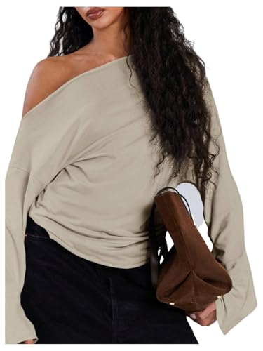 MakeMeChic Y2k Women's Off The Shoulder Long Sleeve Tops Going Out Asymmetrical Trendy Tops Cropped Sweatshirt