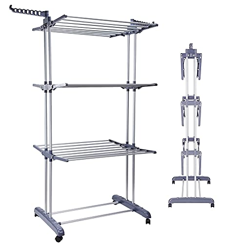Voil 3 Tier Clothes Drying Rack Clothes Airer,Foldable Laundry Outdoor Indoor Heavy Duty Clothing Horse Garment Dryer Stand On Wheel #TOP1
