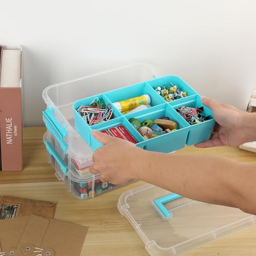 Image of plastic boxes for Storage transparent boxes for storage, Portable & Stackable Space Saving Organiser with Lid for Medicine, Jewelry, Arts & Crafts, Buttons, Beads (Blue, 4 TIER WITH 2 TRAY)