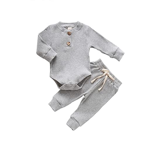 Image of CIYCUIT Newborn Baby Boy Outfits Long Sleeve Solid Color Ribbed Knitted Romper Pants 2Pcs Gender Neutral Baby Clothes