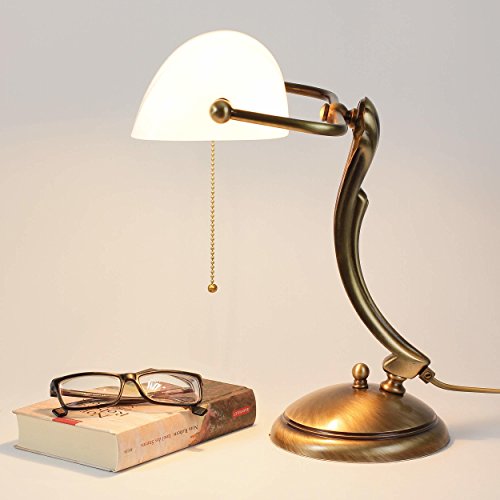 Preisvergleich Produktbild Bankerlampe Glasschirm Echt-Messing Bronziert Glänzend Jugendstil Art Déco Zugschalter Schreibtischlampe Büro
