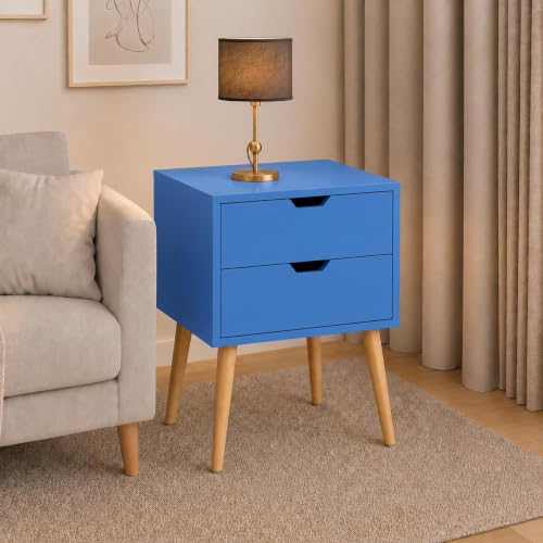 Image of Brown Art SHOPPEE 2-Drawer End Side Table with Drawer and Solid Wood Legs, Bedside Table for Bedrooms, Mid-Century Modern Drawer Storage Cabinet for Bedroom & Furniture (Blue)