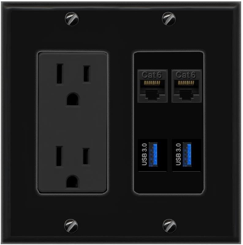 RiteAV 2 Port Cat6 2 USB3 Wall Plate - Outlet [Stainless/Gray]