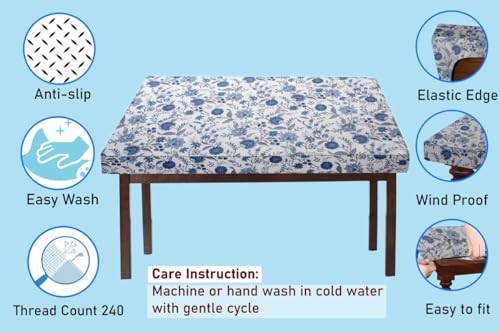 Image of The Furnishing Tree Elastic Cotton Square Dining Table Cover 48x48 in Inches Floral Blue on White Base