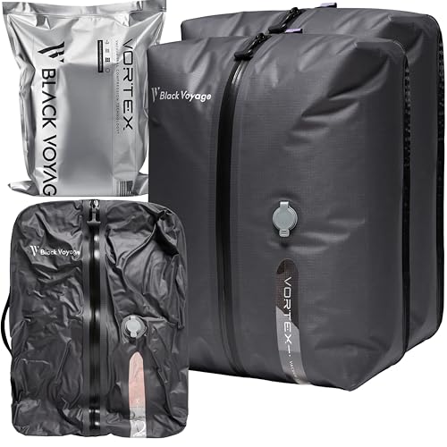 Black Voyage Reusable Vacuum Compression Travel Bag for Carry-On Suitcase and Backpack, Recycled IP67 Waterproof Space Saver Vacpack (2-Pack, 18L - No Pump)