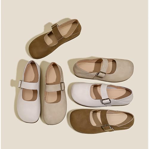 Women's Genuine Leather Round Head Flat Mary Jane Shoes with Adjustable Straps Fashio Comfortable Slip On Ballet Flats Dressy Office Work Shoes3