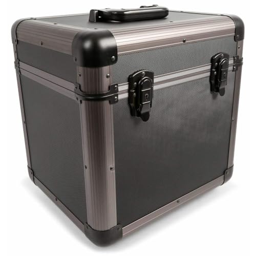 Power Dynamics RC100 Maleta para Discos de Vinilo. Maletin Caja vinilos Aluminio. Almacenaje Transporte LPs de 12', Caja Discos Vinilo. Maleta Acolchada, (Tapa extraíble, Cierres Mariposa) - Titanio