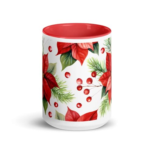 EduCyber Academy Christmas Coffee Mug Tea Mocha Latte Poinsettia Cup with Color Handle and Inside Holiday Watercolor Décor Gift for Family