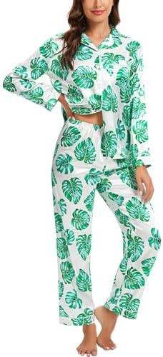 SWOMOG Women's Pyjama Set Silk Satin Long Sleeve Button Down Pyjamas Two Piece Comfy Sleepwear and Loungewear Set