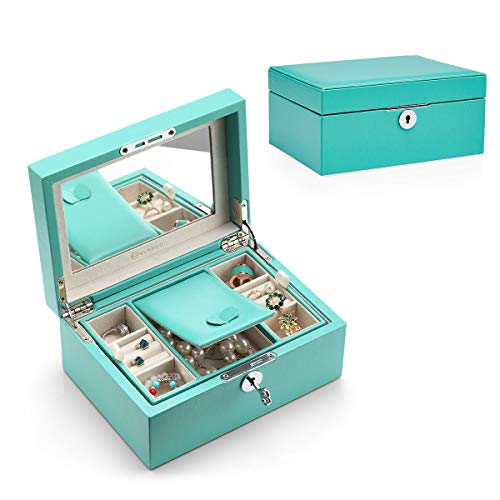 Vlando Lockable Jewelry Tray Box Organizer High Capacity Mirrored with Key, Soft PU